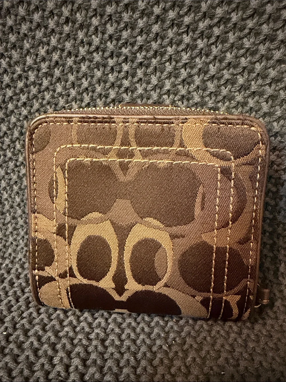 Coach Brown Signature Compact Card Zip Wallet